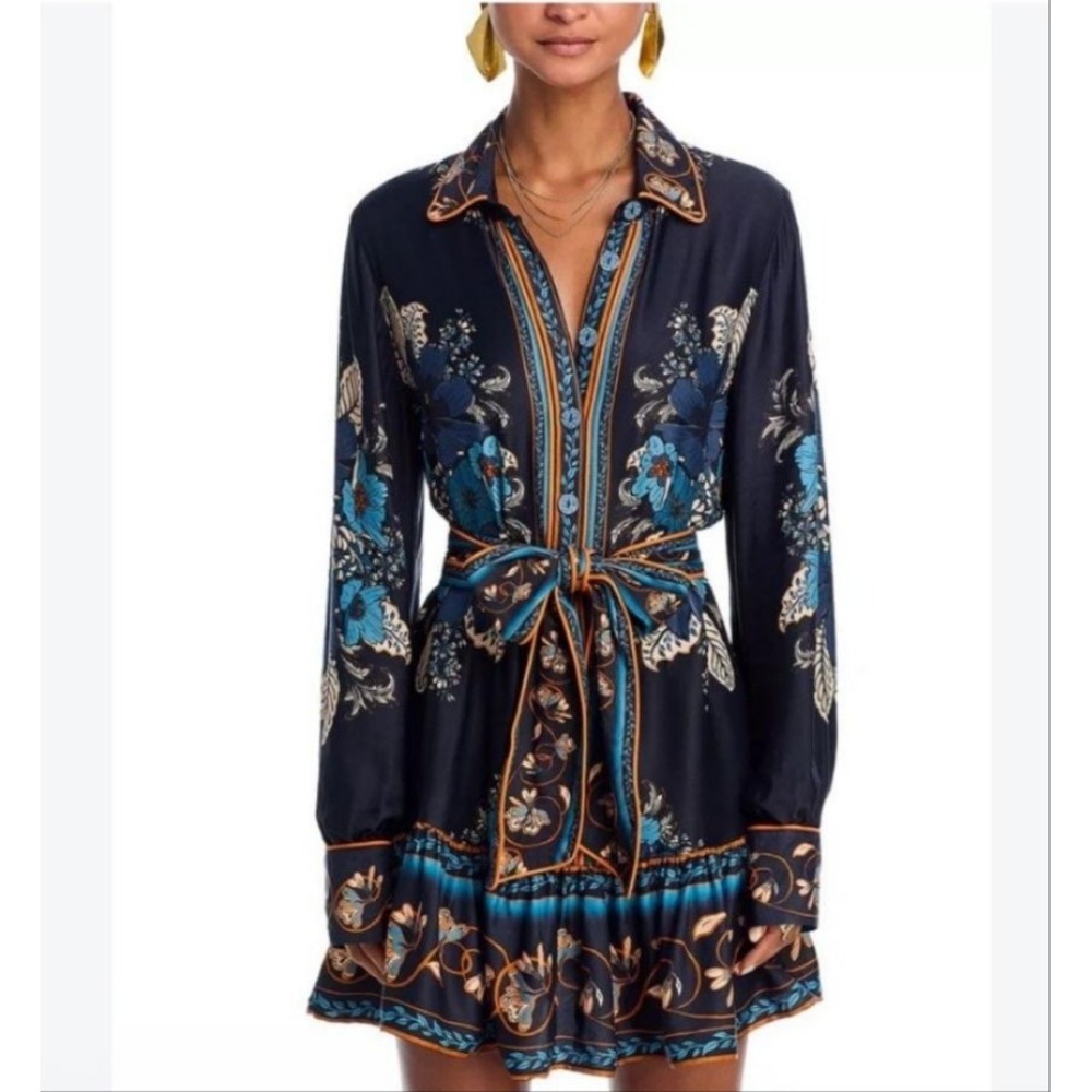 Farm Rio Blossom Tapestry Dress Womens M Black Floral Mini Long Sleeve Ruffle